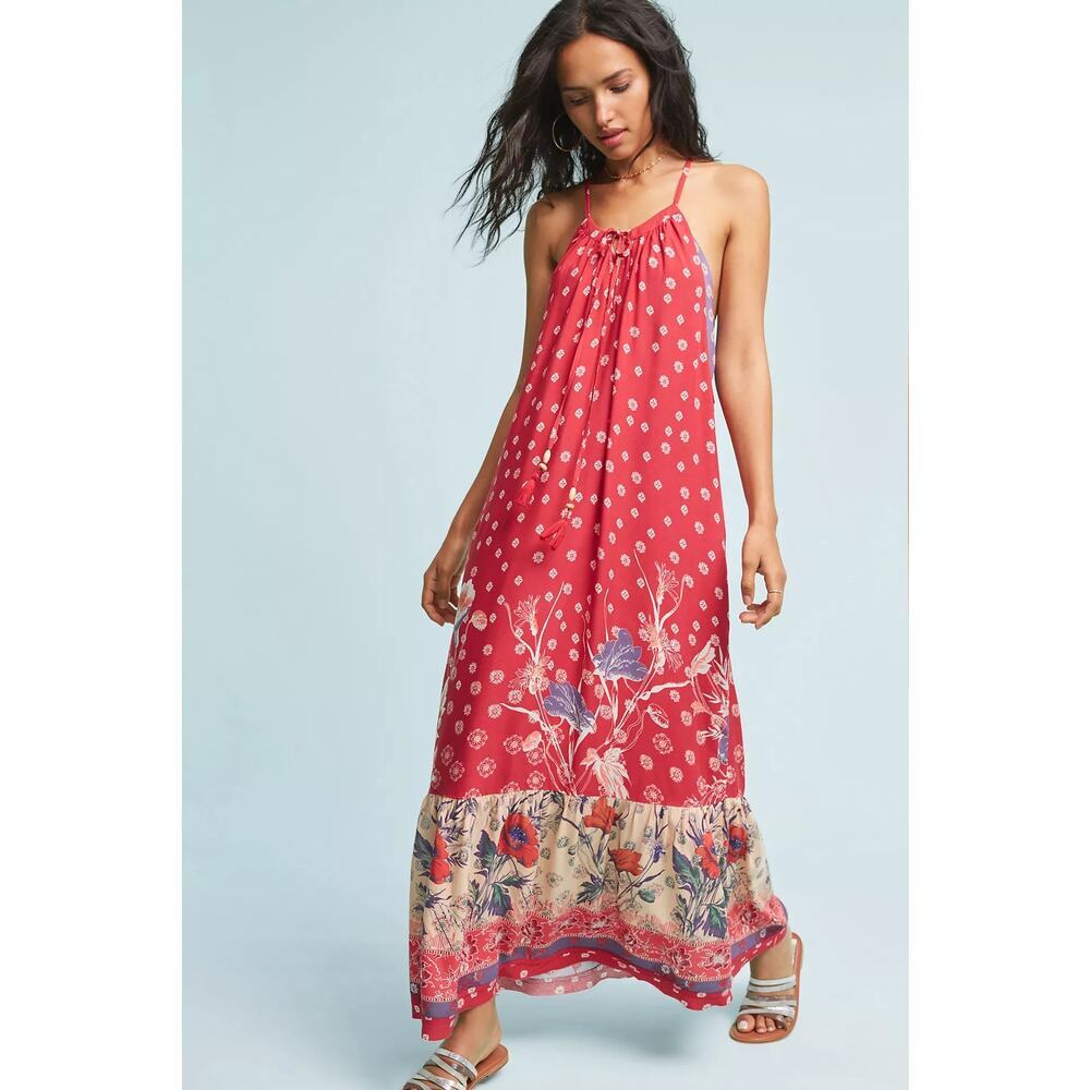 Anthropologie Coral Red Floral Maxi Dress